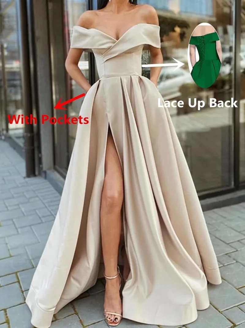 Off Shoulder Long Slit Prom Dresses for Women A-Line Backless Satin Formal Evening Party Gown with Pockets 2024 Banquet Dress
Off Shoulder Long Slit Prom Dresses for Women A-Line Backless Satin Formal Evening Party Gown with Pockets 2024 Banquet Dress