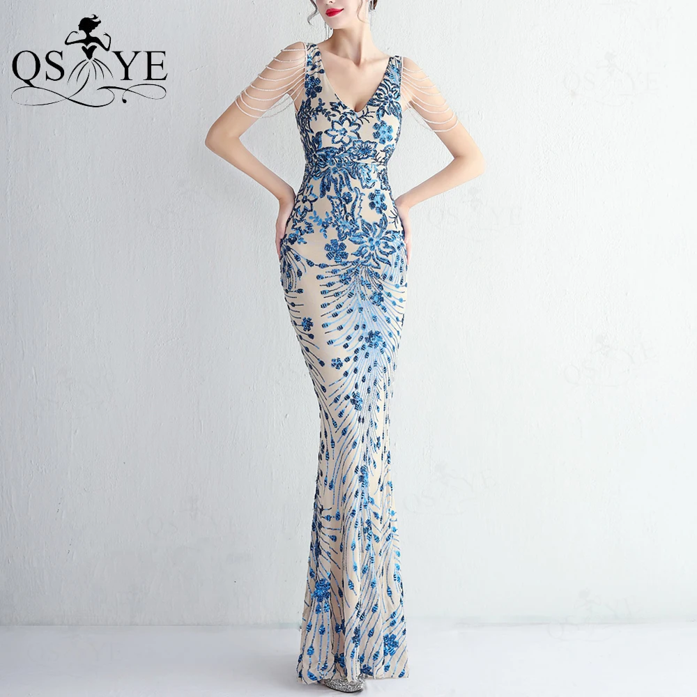 Blue Mermaid Evening Dresses Sequin Floral Lace Prom Gown V neck Beaded Straps Appliques Vintage Fitted Slim Formal Party Dress
Blue Mermaid Evening Dresses Sequin Floral Lace Prom Gown V neck Beaded Straps Appliques Vintage Fitted Slim Formal Party Dress