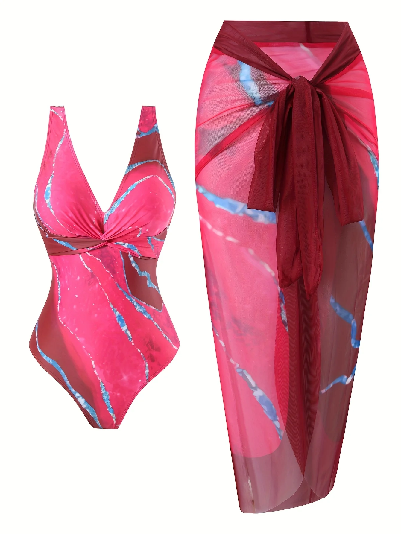 Women's One-Piece Swimsuit with V-Neck, Cross-Knot, Sexy and Elegant, Tummy-Concealing and Slimming, Popular European and American Style, Rose Red Marble Print Two-Piece Set with Mesh Wrap, Tie-Up Veil, and Half Skirt
Women's One-Piece Swimsuit with V-Neck, Cross-Knot, Sexy and Elegant, Tummy-Concealing and Slimming, Popular European and American Style, Rose Red Marble Print Two-Piece Set with Mesh Wrap, Tie-Up Veil, and Half Skirt