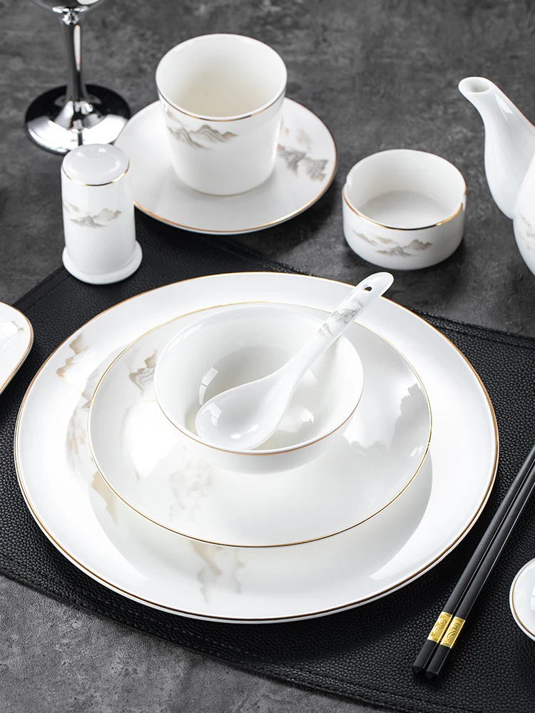 High End Hotel Dining Set Bone China Cerc Plate Bowl Gold Rimmed Chinese Sle Lacape Dinnerware Table Setting
High End Hotel Dining Set Bone China Cerc Plate Bowl Gold Rimmed Chinese Sle Lacape Dinnerware Table Setting