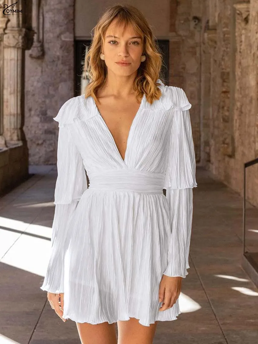 Oymimi Fashion White V-Neck Womens Dresses Elegant Long Sleeve Pleated High Waist Dresses Casual New Solid Mini Dress Streetwear
Oymimi Fashion White V-Neck Womens Dresses Elegant Long Sleeve Pleated High Waist Dresses Casual New Solid Mini Dress Streetwear