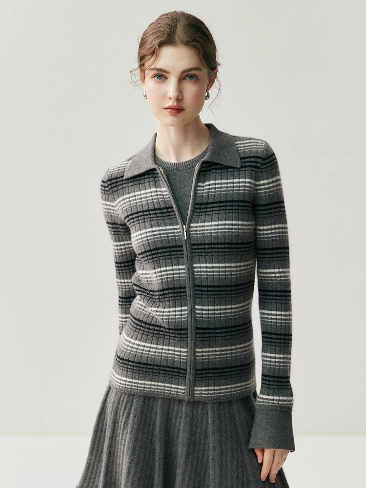 Autumn Winter 100% Cashmere Cardigan Sweater Women's Striped Polo Lapel Collar Zipper Soft Slim Fit Top Knitted Outerwear Jacket
Autumn Winter 100% Cashmere Cardigan Sweater Women's Striped Polo Lapel Collar Zipper Soft Slim Fit Top Knitted Outerwear Jacket