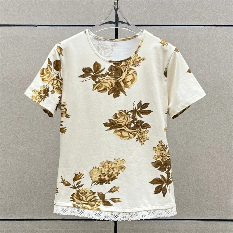 Women's t-shirt New lace patchwork short sleeved top for summer 2026 Rose print round neck pullover cotton blend top women y2k
Women's t-shirt New lace patchwork short sleeved top for summer 2026 Rose print round neck pullover cotton blend top women y2k