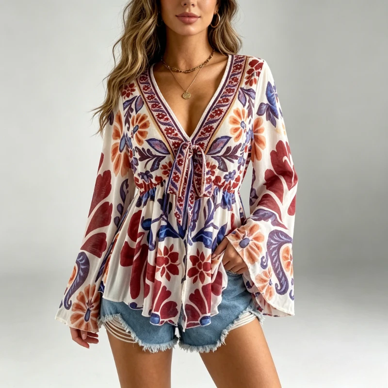 Women Boho Floral Ethnic Print Front Bell Sleeve Peplum Blouse Light Chiffon Top Summer Beach Casual Daily Loose Holiday Shirt
Women Boho Floral Ethnic Print Front Bell Sleeve Peplum Blouse Light Chiffon Top Summer Beach Casual Daily Loose Holiday Shirt