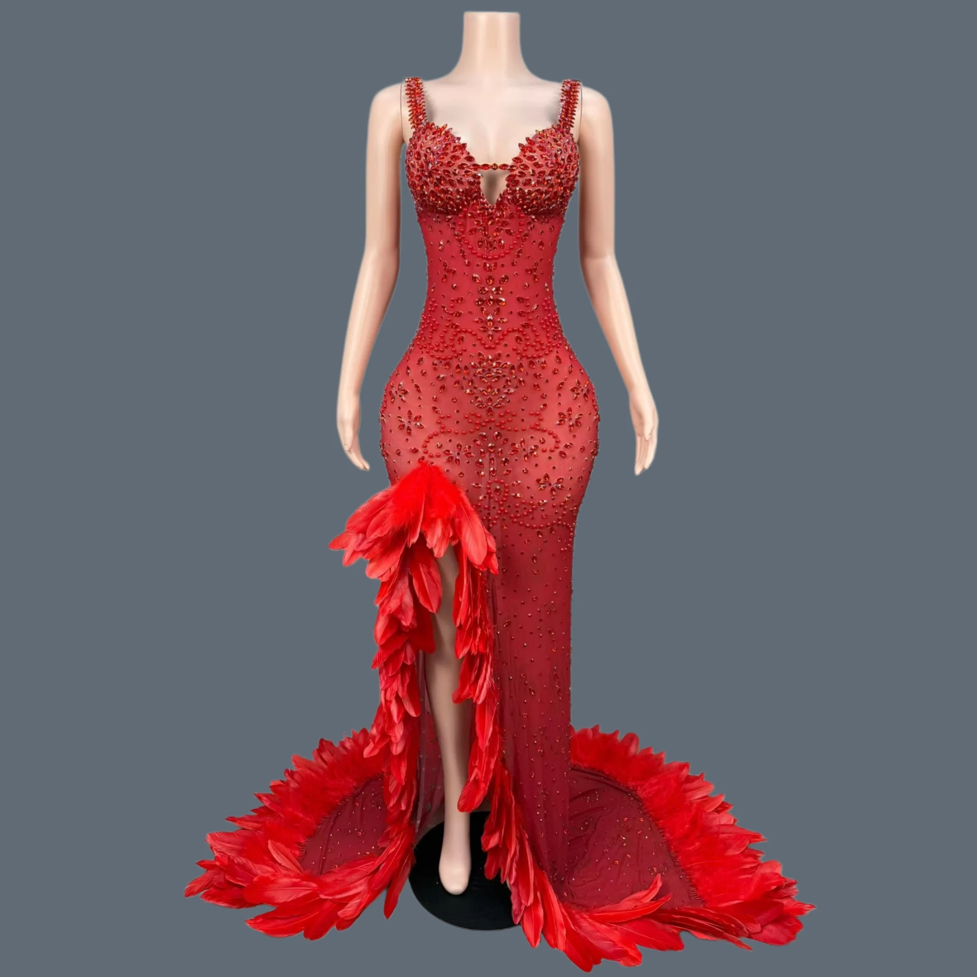 Sparkly Rhinestone Mesh Red Maxi Dress Spaghetti Strap High Slit Feather Trim Train Pageant Stage Show Sexy Evening Gown Fengye
Sparkly Rhinestone Mesh Red Maxi Dress Spaghetti Strap High Slit Feather Trim Train Pageant Stage Show Sexy Evening Gown Fengye