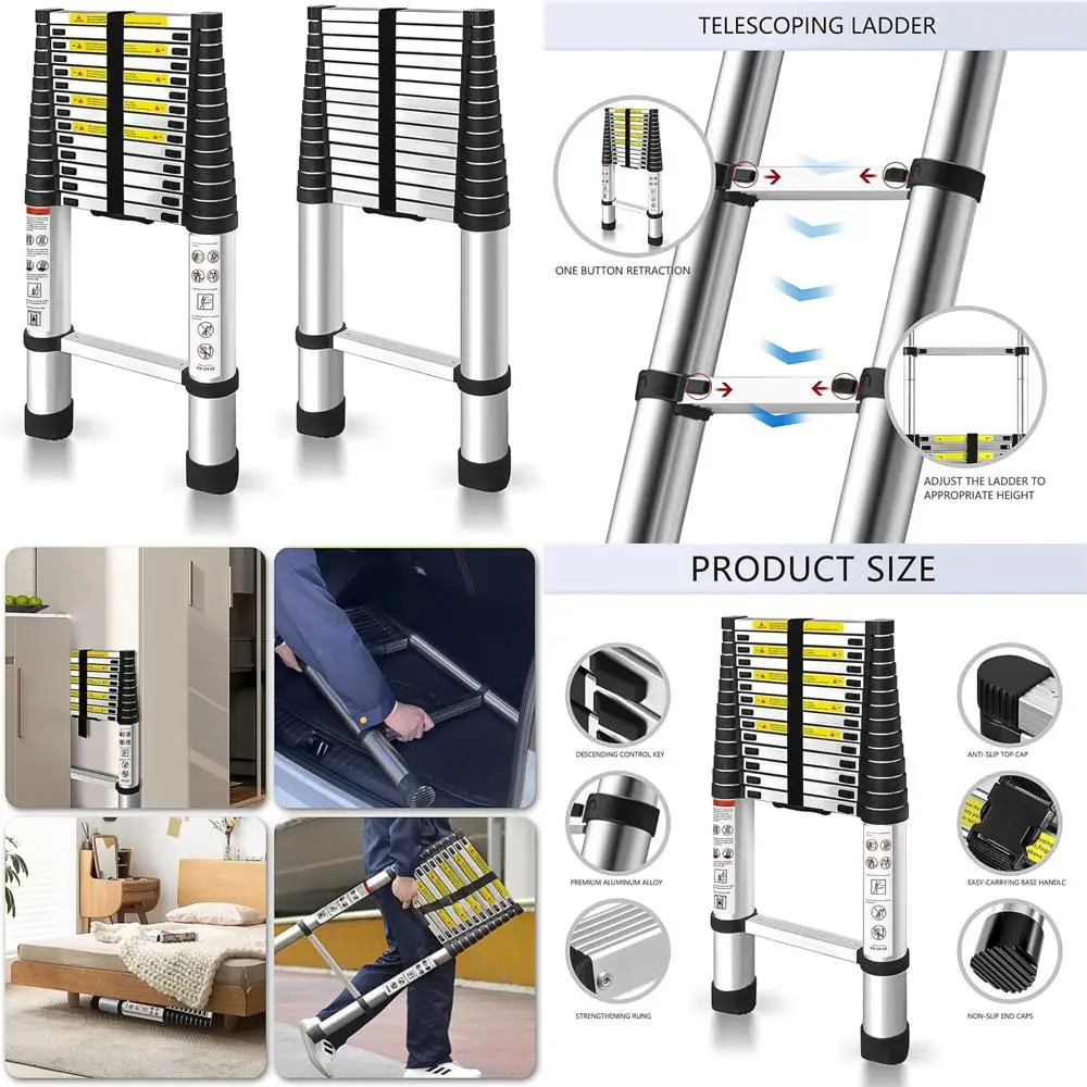 Алюминиевая телескопическая лестница, выдвижная компактная лестница-чердак высотой 14,5 футов для домашнего и наружного использования
Алюминиевая телескопическая лестница, выдвижная компактная лестница-чердак высотой 14,5 футов для домашнего и наружного использования