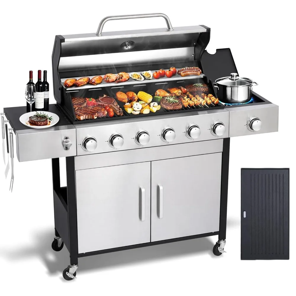 6 Burner Propane Gas Grill with Side Burner, Cast Iron Grates & Griddle Combo, Large Cabinet BBQ with Warming Rack, Customized
6 Burner Propane Gas Grill with Side Burner, Cast Iron Grates & Griddle Combo, Large Cabinet BBQ with Warming Rack, Customized