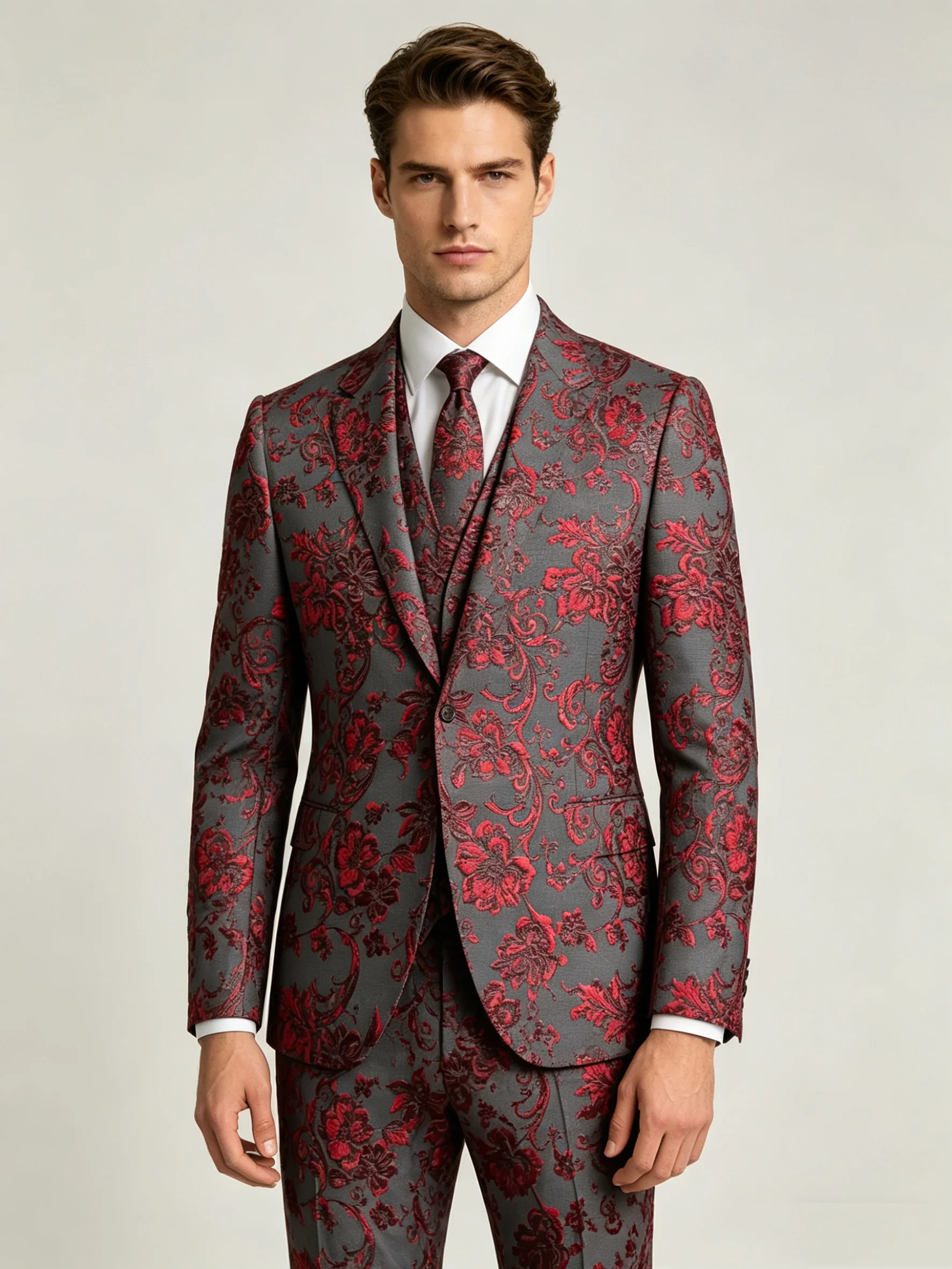 Grey Red Jacquard Men Suit Set 2 Piece Blazer+Pants Prom Wedding Tuxedos Coat Customized Formal Office Fashion Groom Jacket
Grey Red Jacquard Men Suit Set 2 Piece Blazer+Pants Prom Wedding Tuxedos Coat Customized Formal Office Fashion Groom Jacket