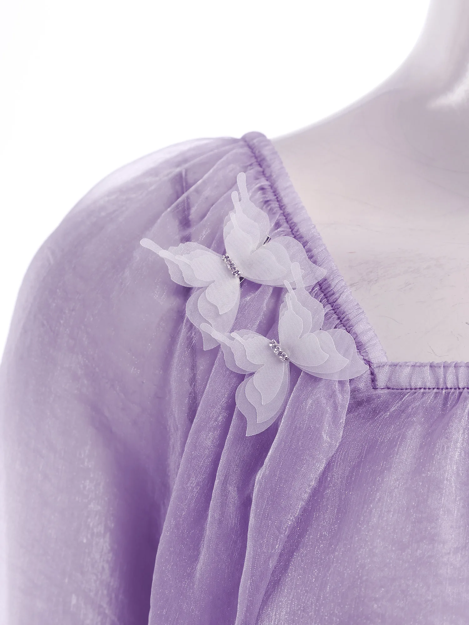 Women Shimmering Sheer Blouse Tops with Butterfly Brooches Slit Flared Sleeve Tiered Flowy Cover Up Classical Dance Costume
Women Shimmering Sheer Blouse Tops with Butterfly Brooches Slit Flared Sleeve Tiered Flowy Cover Up Classical Dance Costume