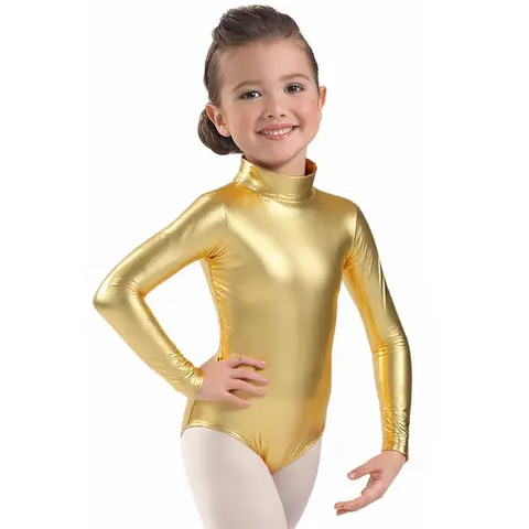 OVIGILY Girls Gold Turtleneck Leotard Children Metallic Long Sleeve Gymnastics Dance Wear for Stage Performance Cosplay Costumes