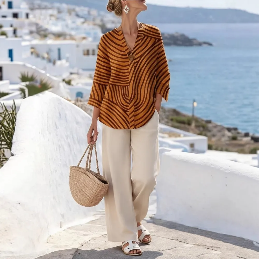 Women's Striped V Neck Blouse +Light Blue Wide Leg Pants Set Fashion Linen Blend 2Piece Vacation Outfit Boho Beach Everyday Suit
Women's Striped V Neck Blouse +Light Blue Wide Leg Pants Set Fashion Linen Blend 2Piece Vacation Outfit Boho Beach Everyday Suit