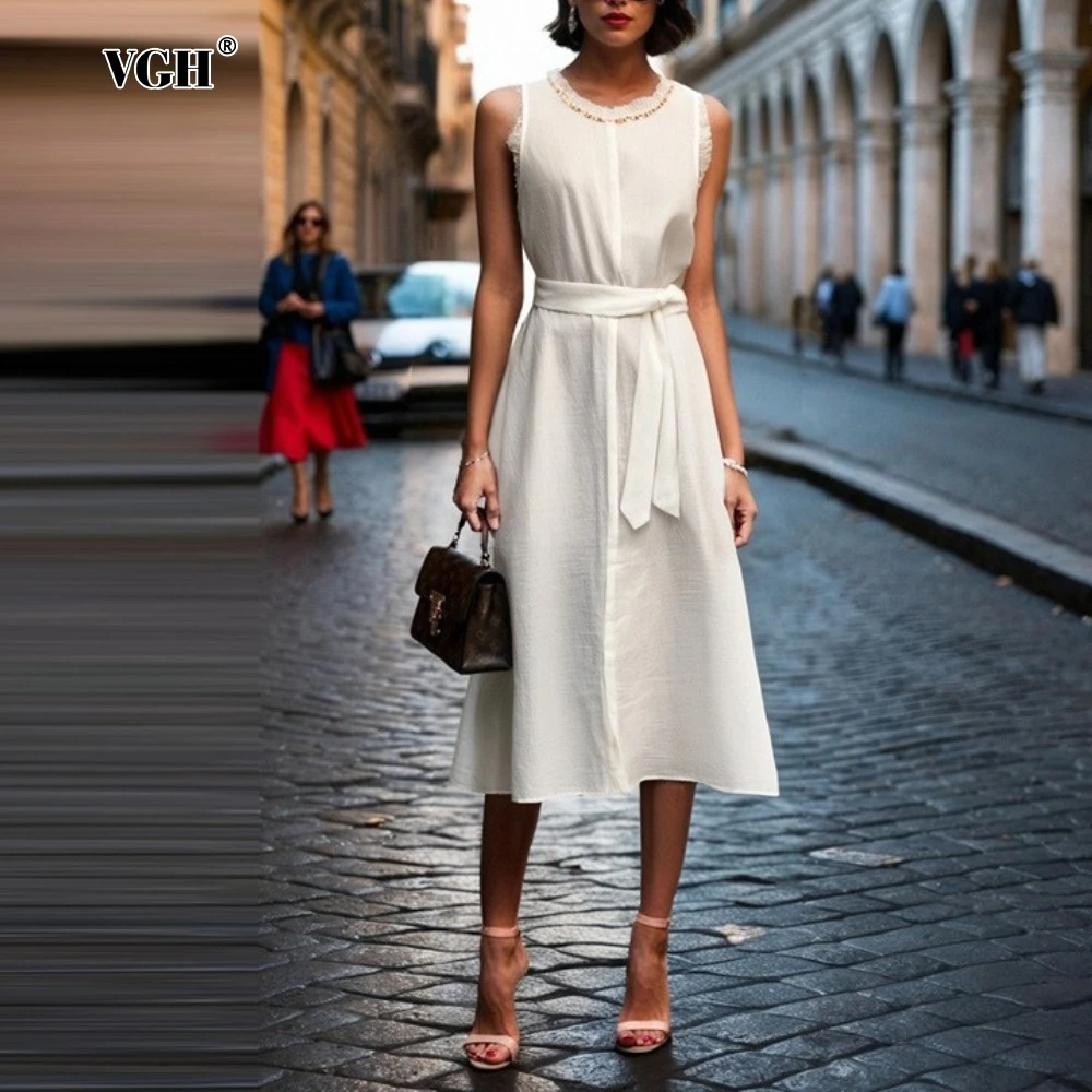 VGH Summer Spliced Lace Up Loose Dress for Women O Neck Sleeveless Patchwork Raw Edge High Waist Temperament Dresses Female New
VGH Summer Spliced Lace Up Loose Dress for Women O Neck Sleeveless Patchwork Raw Edge High Waist Temperament Dresses Female New