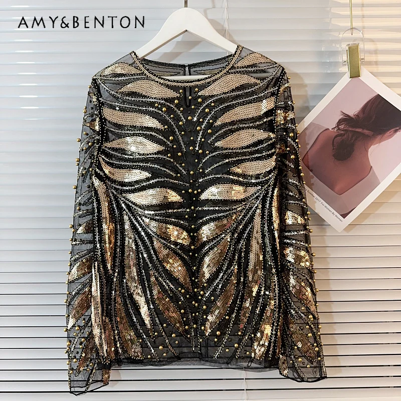 O-neck Age-reducing Slim-fitting Black T-shirts Fashion New See-through Lace Shirt Sequined Beaded Long-sleeved Tees Women's Top 
O-neck Age-reducing Slim-fitting Black T-shirts Fashion New See-through Lace Shirt Sequined Beaded Long-sleeved Tees Women's Top