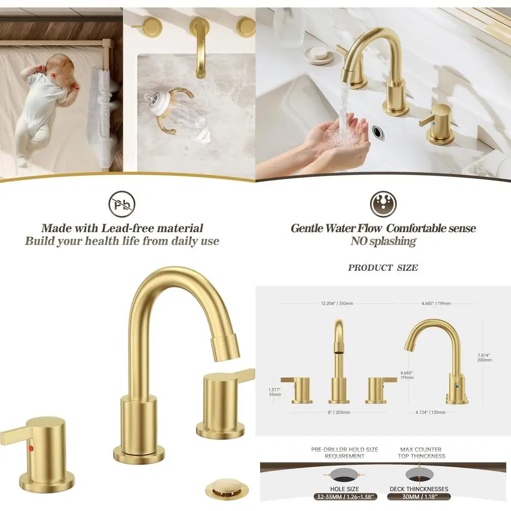 8 Brushed Gold Widespread Sink Faucet Set with Pop-Up Drain and Valve, WF15-1-BG
8 Brushed Gold Widespread Sink Faucet Set with Pop-Up Drain and Valve, WF15-1-BG