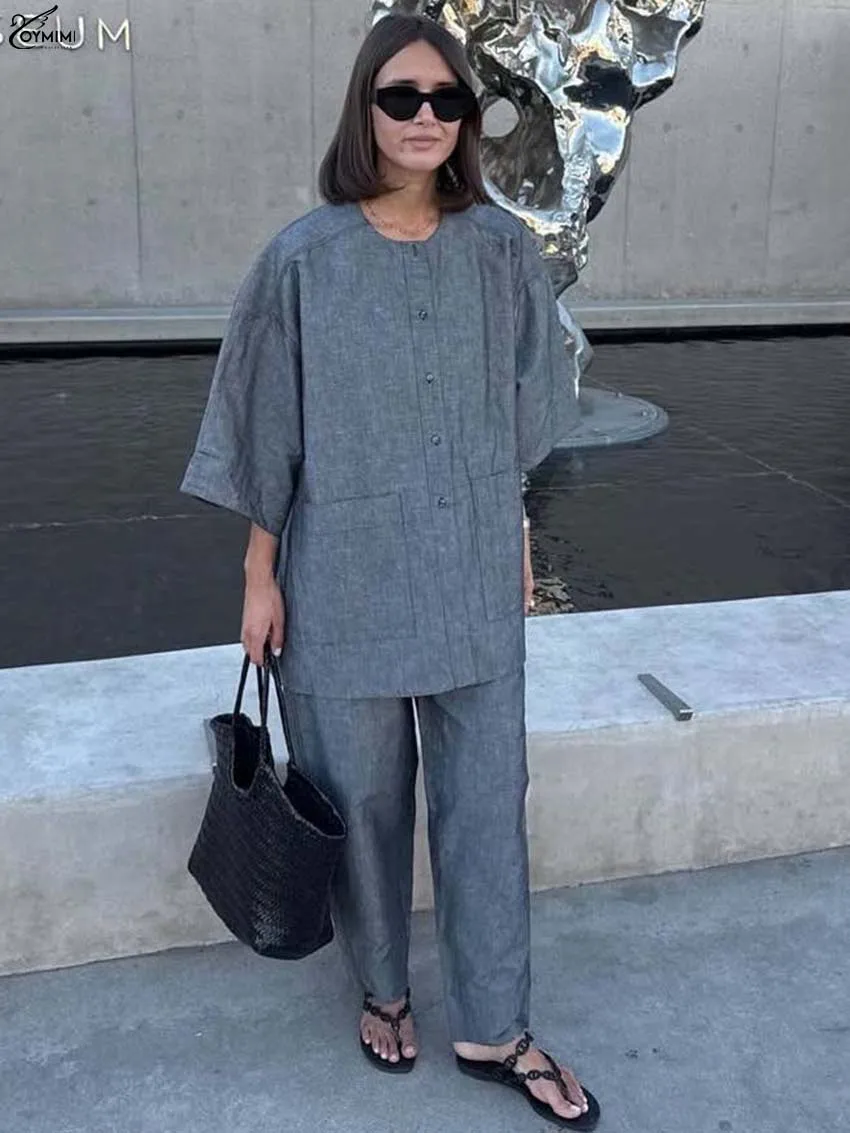 Oymimi модные синие свободные комплекты из 2 предметов, женский наряд, элегантные рубашки с круглым вырезом и рукавами три четверти на пуговицах + простые брюки, женские комплекты
Oymimi модные синие свободные комплекты из 2 предметов, женский наряд, элегантные рубашки с круглым вырезом и рукавами три четверти на пуговицах + простые брюки, женские комплекты