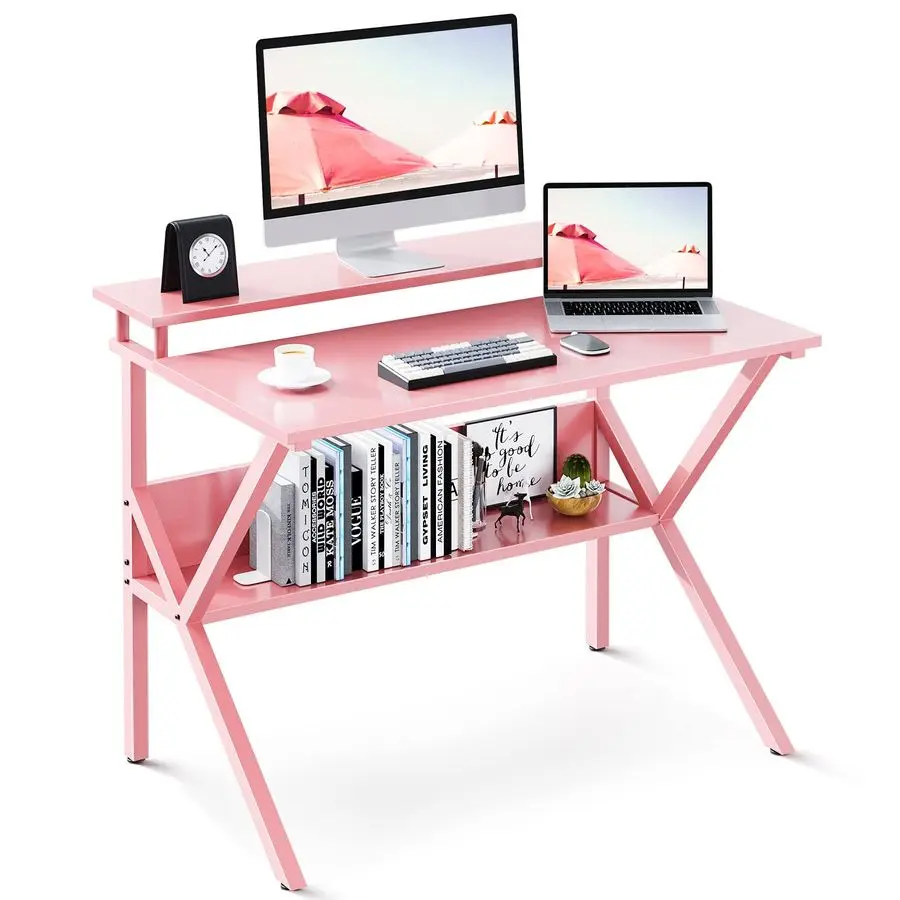 Small Desk, 27.5 Inch Computer Desk for Small Spaces, Kids Desk with Storage, Study Table with Monitor Stand for Homeschool, Pi