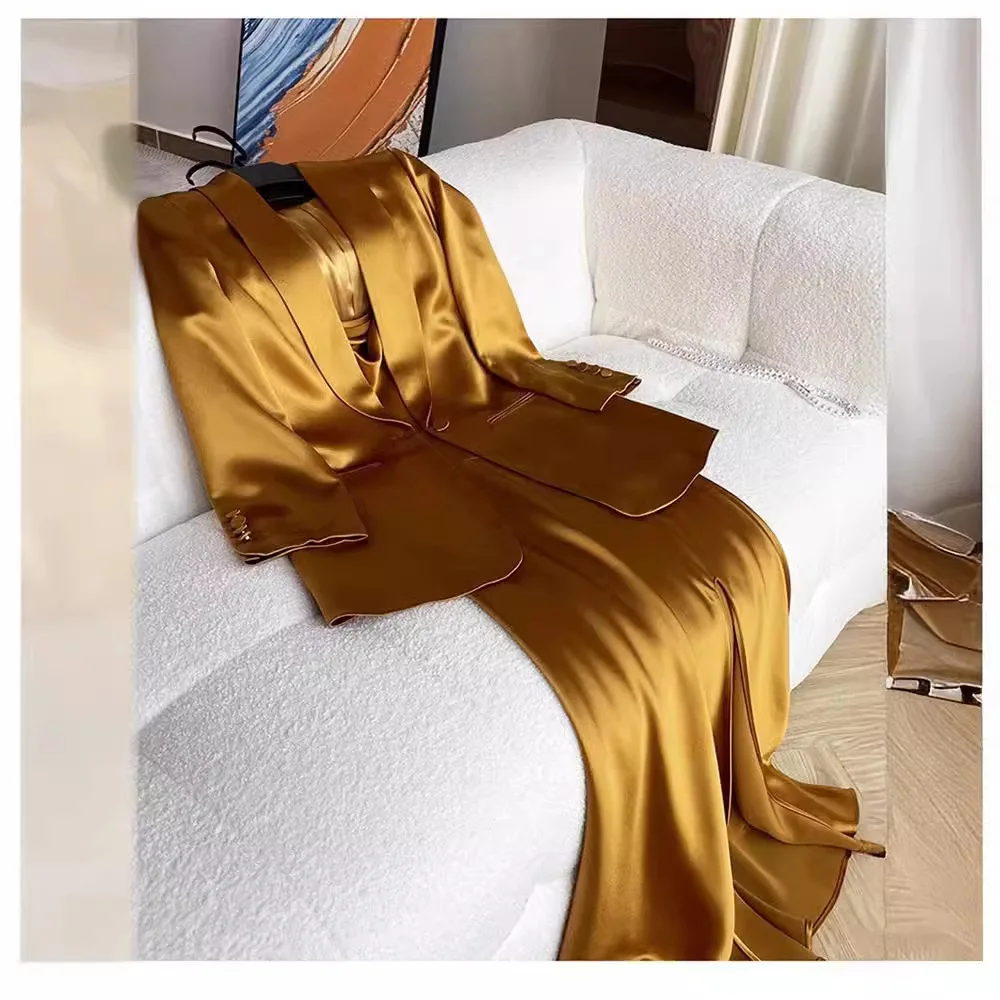 Shpmishal 2026 Luxury Metallic Gold Acetate Blazer Set Women Heavyweight Satin Structured Power Suit Executive Workwear Outfit
Shpmishal 2026 Luxury Metallic Gold Acetate Blazer Set Women Heavyweight Satin Structured Power Suit Executive Workwear Outfit
