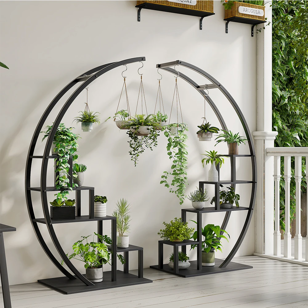 5-Tier Metal Plant Stand Indoor, Half Moon Shape Tall Garden Plant Holder, Round Flower Shelf Rack with 6 Hanging Hooks for Home
5-Tier Metal Plant Stand Indoor, Half Moon Shape Tall Garden Plant Holder, Round Flower Shelf Rack with 6 Hanging Hooks for Home