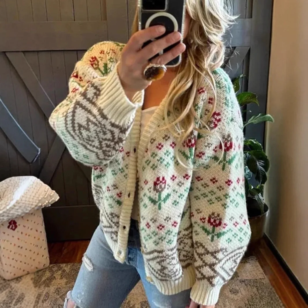 Women's cardigan sweater Elegant retro floral jacquard Spring/ autumn/winter loose casual jacket knitted long sleeved top basic
Women's cardigan sweater Elegant retro floral jacquard Spring/ autumn/winter loose casual jacket knitted long sleeved top basic
