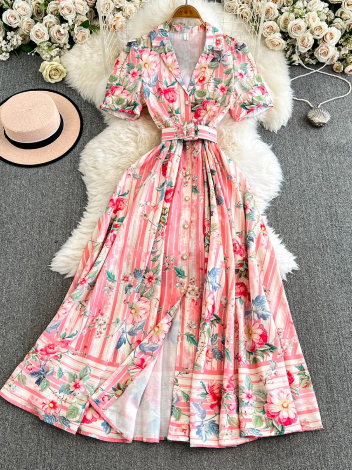 Ele Retro Printed Long Dr with Bule High Waist ort Sve Turn-down Collar Single Button Closure A-Line Korean S...
Ele Retro Printed Long Dr with Bule High Waist ort Sve Turn-down Collar Single Button Closure A-Line Korean S...