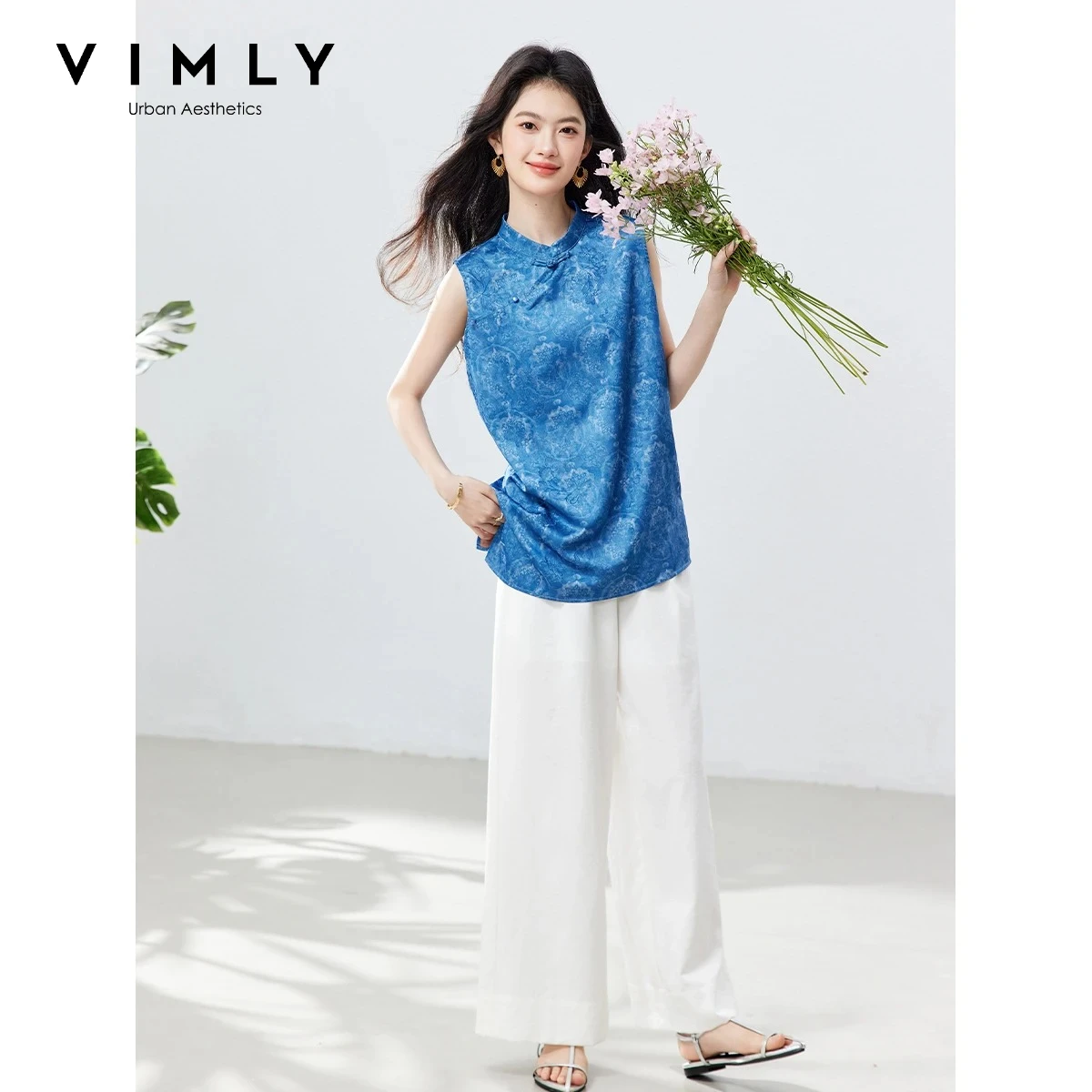 VIMLY Casual Oriental Women's Matching Set 2026 Mandarin Collar Jacquard Sleeveless Shirt Wide Leg Pants 2 Piece Outfits A6169
VIMLY Casual Oriental Women's Matching Set 2026 Mandarin Collar Jacquard Sleeveless Shirt Wide Leg Pants 2 Piece Outfits A6169