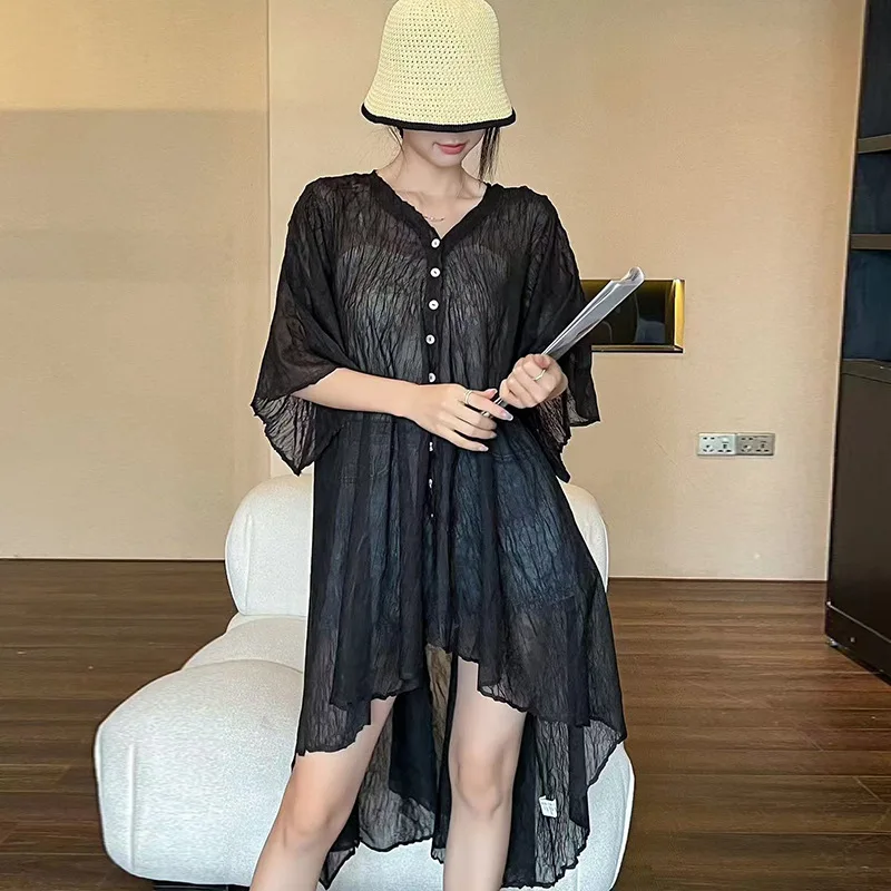 Thin Cardigan Summer Women's Fashion V-Neck Single Breasted Loose Stretch Miyake Pleated Irregular Sun-Protective Clothing Black
Thin Cardigan Summer Women's Fashion V-Neck Single Breasted Loose Stretch Miyake Pleated Irregular Sun-Protective Clothing Black