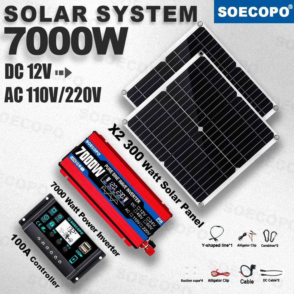 SOECOPO 7000W Peak Pure Sine Wave Solar Kit 2 Panel 100A Controller 12V To 110V 220V Inverter for Home Appliances & Off-Grid Use
SOECOPO 7000W Peak Pure Sine Wave Solar Kit 2 Panel 100A Controller 12V To 110V 220V Inverter for Home Appliances & Off-Grid Use