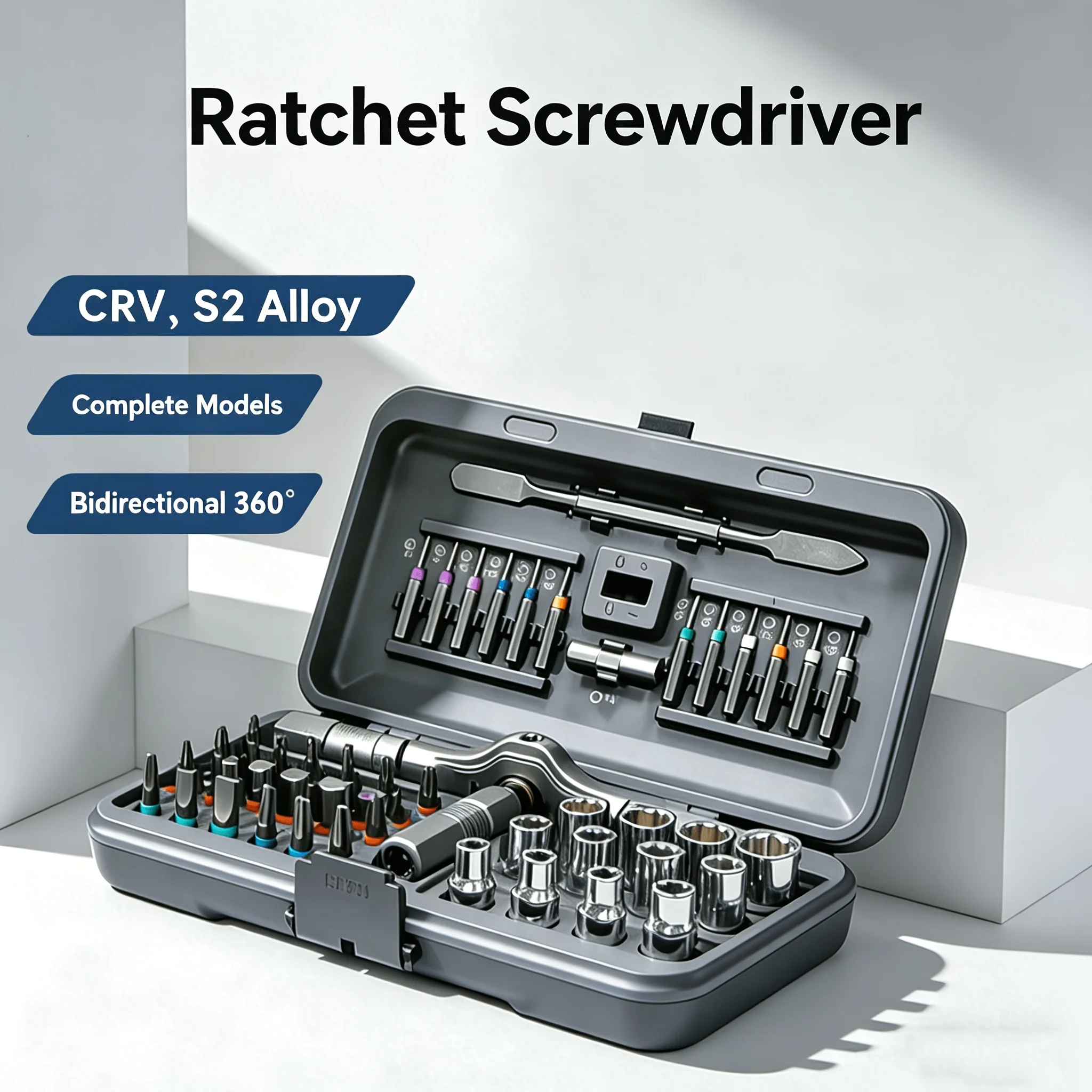 52Pcs CRV S2 Ratchet Screwdriver Set, 360° Two-Way Wrench, Detachable Handle, Magnetic Bits for Auto & Home Repair
52Pcs CRV S2 Ratchet Screwdriver Set, 360° Two-Way Wrench, Detachable Handle, Magnetic Bits for Auto & Home Repair
