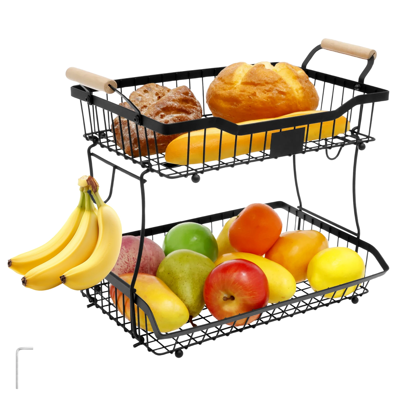 2 Tier Fruit Basket Kitchen Vegetable Storage Basket Metal Iron Rack Fruit Bowl with Hook and Wooden Handle Snacks Bread
2 Tier Fruit Basket Kitchen Vegetable Storage Basket Metal Iron Rack Fruit Bowl with Hook and Wooden Handle Snacks Bread