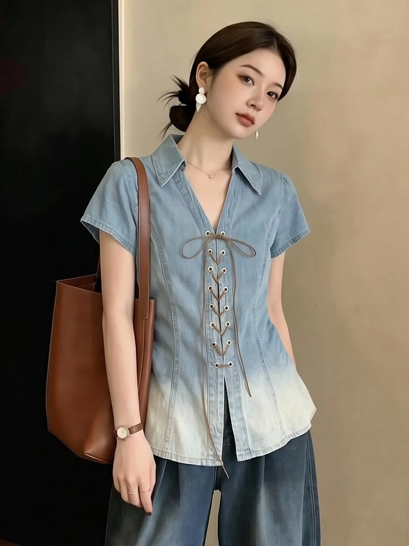 Tie Waist Denim Shirt for Women Korean Style Vintage Lapel Short Sleeve Shirts Summer Light Blue Casual Female Tops
Tie Waist Denim Shirt for Women Korean Style Vintage Lapel Short Sleeve Shirts Summer Light Blue Casual Female Tops