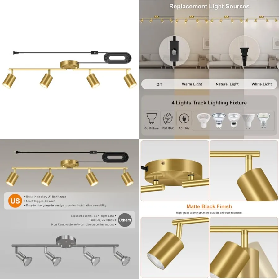 Track Lighting Plug in, LED Track Lighting Fixtures Ceiling Kit, Gold 4-Light Ceiling Light Plug-in, Wall Light with 14.8ft Pow
Track Lighting Plug in, LED Track Lighting Fixtures Ceiling Kit, Gold 4-Light Ceiling Light Plug-in, Wall Light with 14.8ft Pow