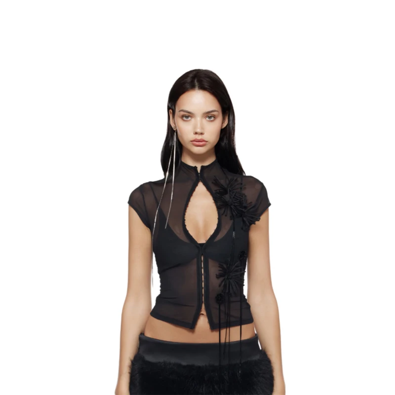 Sexy Lady See Through Black Top Short Sleeve Button Flower Pattern Elegant Standing Neck Wear 2026 New Daily Street Party Fit
Sexy Lady See Through Black Top Short Sleeve Button Flower Pattern Elegant Standing Neck Wear 2026 New Daily Street Party Fit