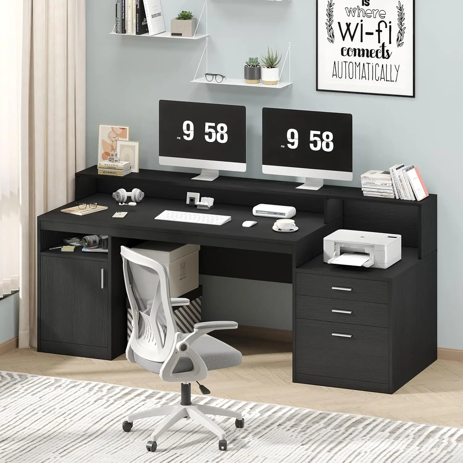 TVU Computer Desk with 3 Drawers & 1 Storage Cabinet, 65" Office Desk with Monitor Stand & Printer Stand, Gaming Desk with Stora
TVU Computer Desk with 3 Drawers & 1 Storage Cabinet, 65" Office Desk with Monitor Stand & Printer Stand, Gaming Desk with Stora