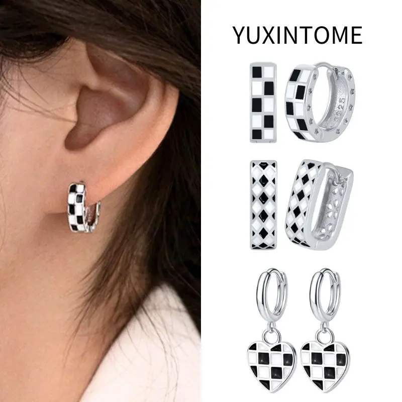 925 Sterling Silver Ear Needle Black White Grid Hoop Earrings for Women Luxury Enamel Heart Pendant Earrings Fashion Jewelry
925 Sterling Silver Ear Needle Black White Grid Hoop Earrings for Women Luxury Enamel Heart Pendant Earrings Fashion Jewelry
