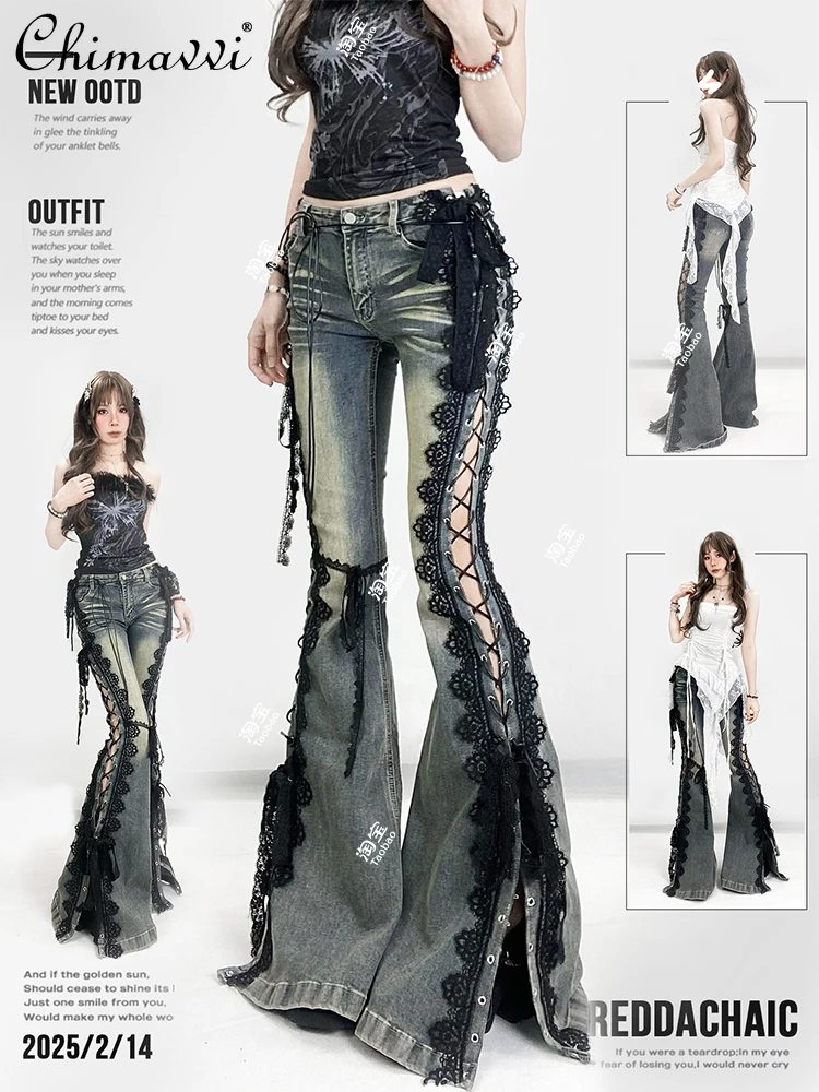 Fashion Retro Spice Girl Black Lace Strap Denim Flared Pants Spring and Summer New Subculture Slim-fit Mopping Split Pants
Fashion Retro Spice Girl Black Lace Strap Denim Flared Pants Spring and Summer New Subculture Slim-fit Mopping Split Pants