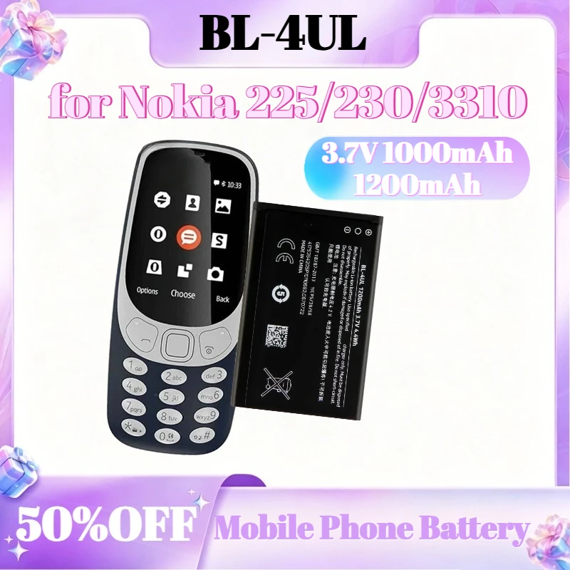 1000mAh 1200mAh Battery BL-4UL 3.7V for Nokia 225/230/3310 Li-Polymer Mobile Phone Battery
1000mAh 1200mAh Battery BL-4UL 3.7V for Nokia 225/230/3310 Li-Polymer Mobile Phone Battery