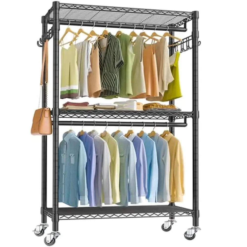 Adjustable Heavy Duty Rolling Garment Rack 3-Tier Wire Shelving Clothes Storage with Double Rods and Side Hooks Freestanding
Adjustable Heavy Duty Rolling Garment Rack 3-Tier Wire Shelving Clothes Storage with Double Rods and Side Hooks Freestanding