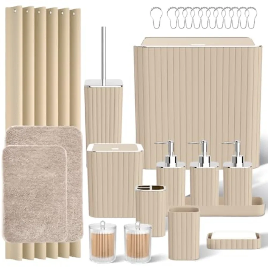 Bathroom Accessory Set - Bathroom Set, 27PC Bathroom Accessories Set, Beige Bathroom Sets with Shower Curtain and Rugs, Mini Tr
Bathroom Accessory Set - Bathroom Set, 27PC Bathroom Accessories Set, Beige Bathroom Sets with Shower Curtain and Rugs, Mini Tr
