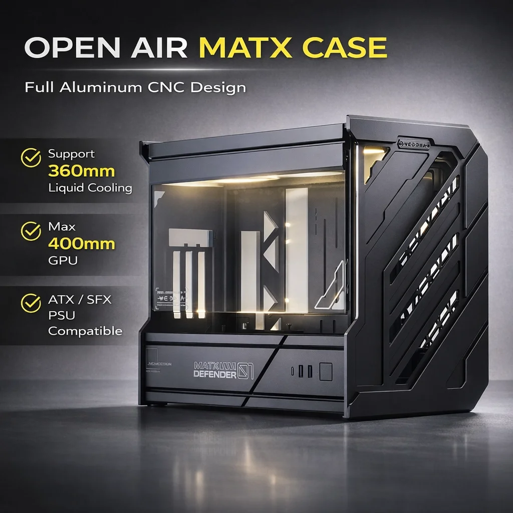 Корпус для ПК Open Air MATX из алюминия с ЧПУ, игровой компьютерный корпус с поддержкой жидкостного охлаждения 360 мм, блок питания ATX/SFX, видеокарта 400 мм, DIY-шасси
Корпус для ПК Open Air MATX из алюминия с ЧПУ, игровой компьютерный корпус с поддержкой жидкостного охлаждения 360 мм, блок питания ATX/SFX, видеокарта 400 мм, DIY-шасси