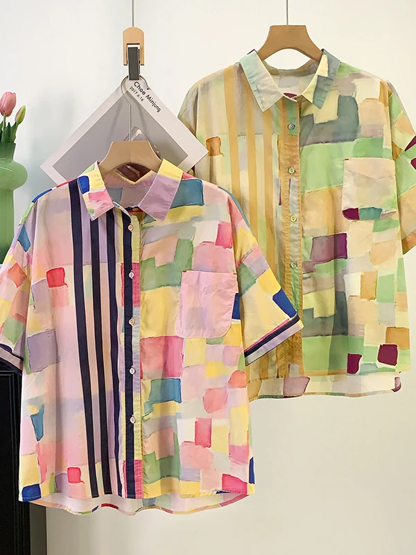 Loose Fit Short Sleeve Printed Shirt Women's Summer Casual Style Street Fashion Cotton Blend Dopaamine Art Color Block Design
Loose Fit Short Sleeve Printed Shirt Women's Summer Casual Style Street Fashion Cotton Blend Dopaamine Art Color Block Design