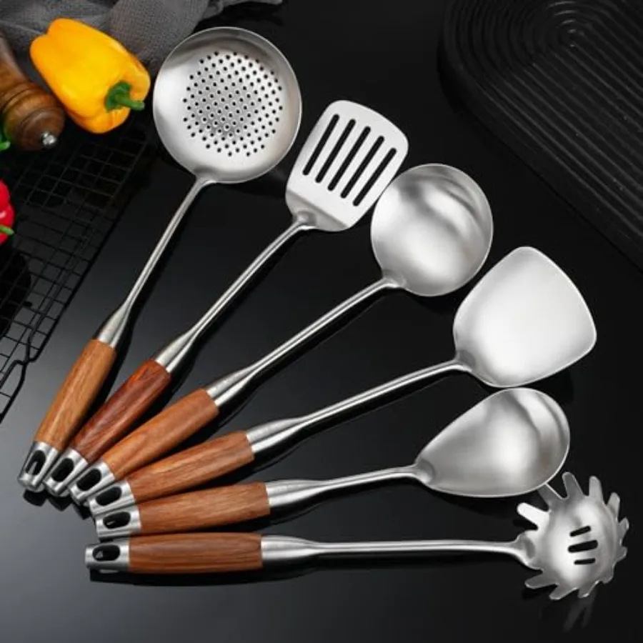 Stainless Steel Cooking Utensils with Wooden Handle 6 PCS Stainless Steel Kitchen Utensils 12.5"-14" Wok Spatula Ladle Skimmer
Stainless Steel Cooking Utensils with Wooden Handle 6 PCS Stainless Steel Kitchen Utensils 12.5"-14" Wok Spatula Ladle Skimmer