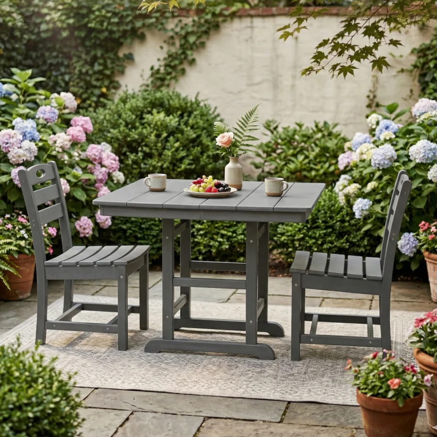 Outdoor patio dining set: HDPE material, gray color, weather-resistant 3-piece bistro set with 37.8 in. square table and 2 chai
Outdoor patio dining set: HDPE material, gray color, weather-resistant 3-piece bistro set with 37.8 in. square table and 2 chai