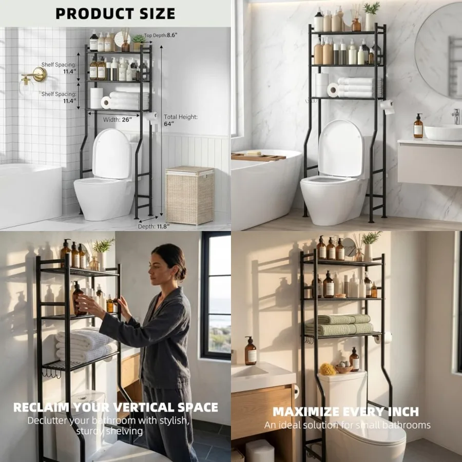 Over Toilet Storage with Anti-Tilt Safety System - 150lb Total Capacity Metal Bathroom Shelves Including Paper Holder and 4 Hoo
Over Toilet Storage with Anti-Tilt Safety System - 150lb Total Capacity Metal Bathroom Shelves Including Paper Holder and 4 Hoo