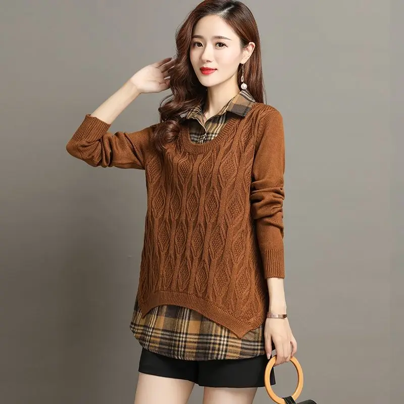 Patchwork Knitwear Tops Casual Loose Spring Sweater Femme Plaid Shirt Collar Fake Two Pieces Knitted Pullovers Jumpers Women E69
Patchwork Knitwear Tops Casual Loose Spring Sweater Femme Plaid Shirt Collar Fake Two Pieces Knitted Pullovers Jumpers Women E69