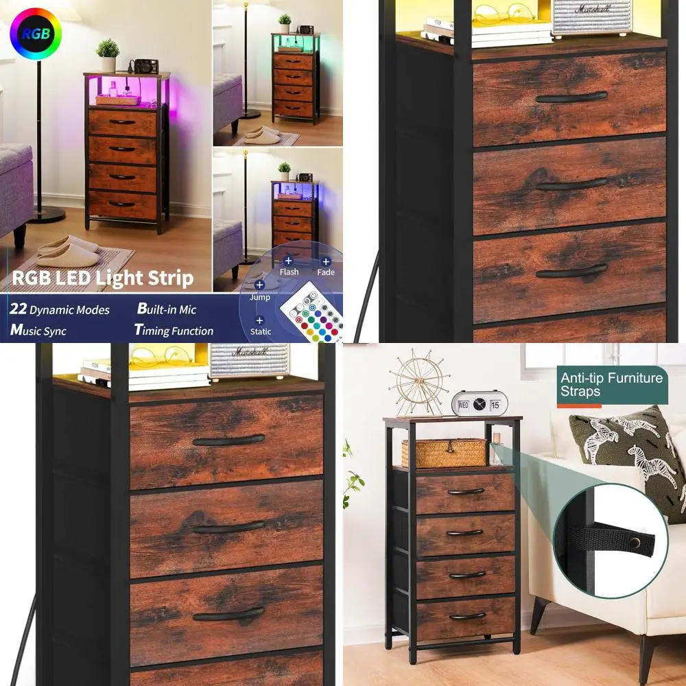 Rustic LED Nightstand with Charging Dock, 4-Drawer Storage and Shelf, USB & Outlet Bedside Table
Rustic LED Nightstand with Charging Dock, 4-Drawer Storage and Shelf, USB & Outlet Bedside Table