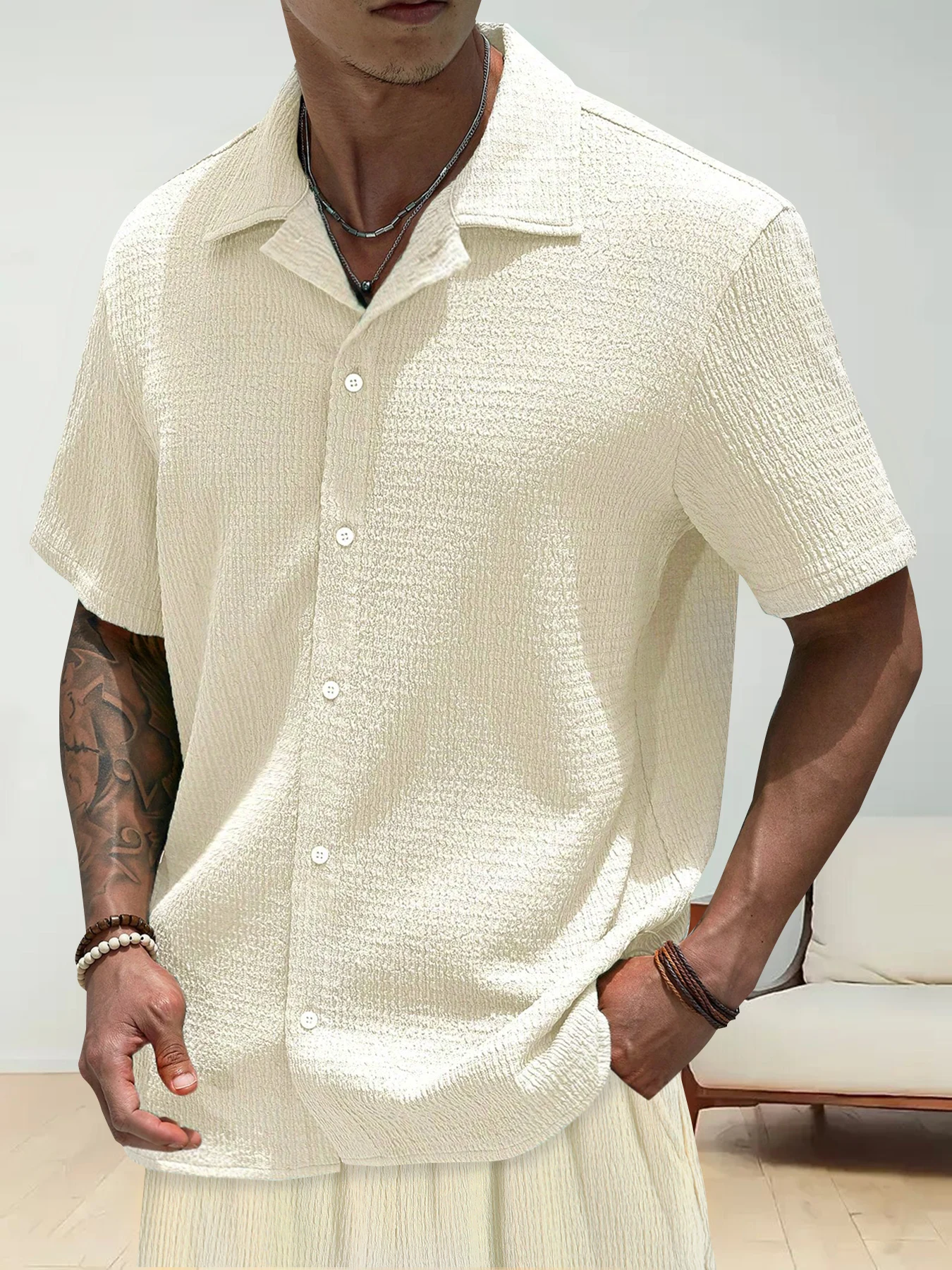 Men's Beige Textured Cuban Collar Short Sleeve Shirt & Drawstring Shorts Set Summer Casual Vacation 2 Piece Outfit
Men's Beige Textured Cuban Collar Short Sleeve Shirt & Drawstring Shorts Set Summer Casual Vacation 2 Piece Outfit