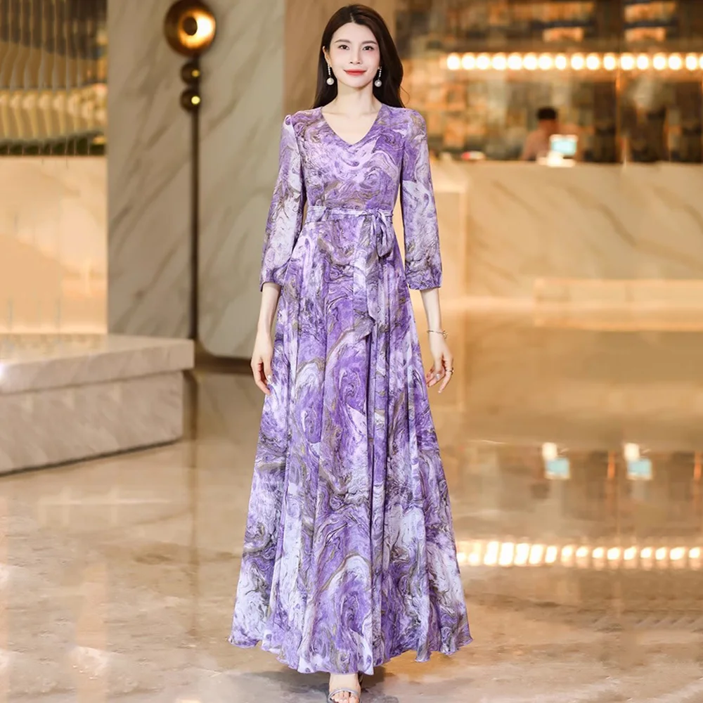 New Women Spring Summer Gentle Purple Print Dress Fashion V-Neck Slim Waist A-line Long Dress Elegant Beautiful Dress
New Women Spring Summer Gentle Purple Print Dress Fashion V-Neck Slim Waist A-line Long Dress Elegant Beautiful Dress