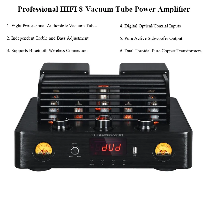 Hi-Fi Tube Power Amplifier 8 Vacuum Tubes 200W X 2 Output Power Bluetooth 5.0 USB Home Amplifier A1943 + C5200 Transistors
Hi-Fi Tube Power Amplifier 8 Vacuum Tubes 200W X 2 Output Power Bluetooth 5.0 USB Home Amplifier A1943 + C5200 Transistors