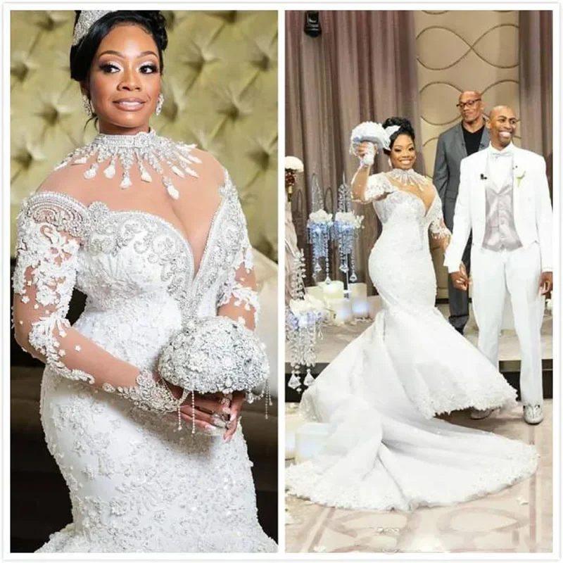 Customized Crystals Lace Arabic Luxurious Plus Size Wedding Dresses High Neck Long Sleeves Beaded Mermaid Bridal Dresses Sexy We
Customized Crystals Lace Arabic Luxurious Plus Size Wedding Dresses High Neck Long Sleeves Beaded Mermaid Bridal Dresses Sexy We