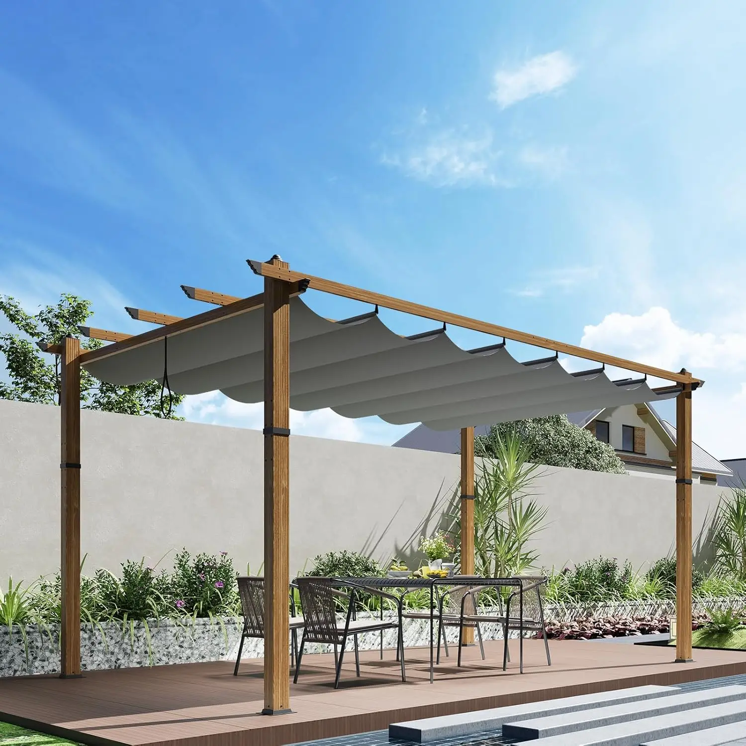10' X 13' Retractable Pergola Canopy with Natural Wood Like Frame for Backyards, Gardens, Patios, Outdoor Pergola with Sun Shade
10' X 13' Retractable Pergola Canopy with Natural Wood Like Frame for Backyards, Gardens, Patios, Outdoor Pergola with Sun Shade